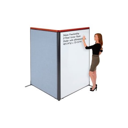 Global Equipment Interion Deluxe Freestanding 2-Panel Corner Room Divider w/Whiteboard 48-1/4"W x 73-1/2"H Blue 695166BL